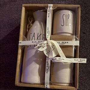 Rae Dunn White Ceramic 'Sake' Pitcher and 'SIP' Mug Set